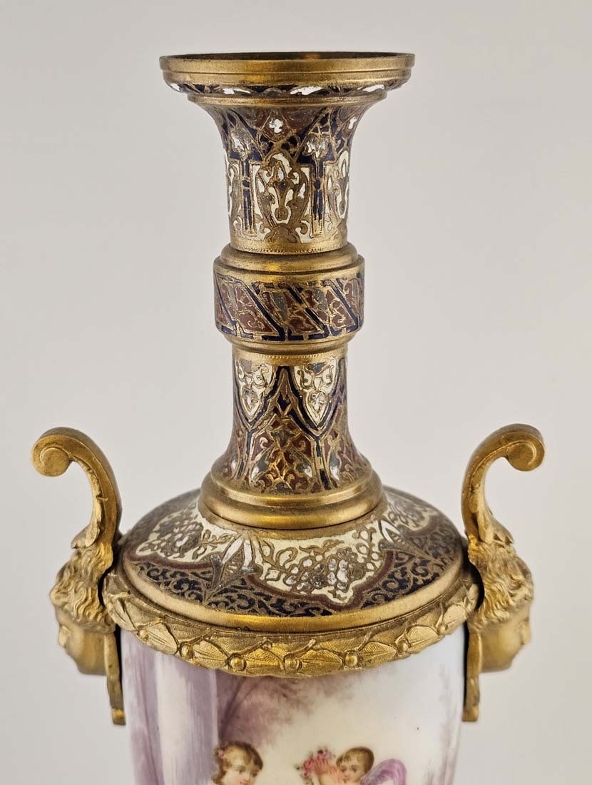 19th C. Bronze Mounted Figural French Hand Painted Sevres Baroque Urns, Signed - 5