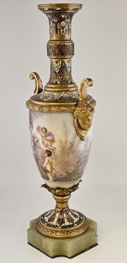 19th C. Bronze Mounted Figural French Hand Painted Sevres Baroque Urns, Signed - 6