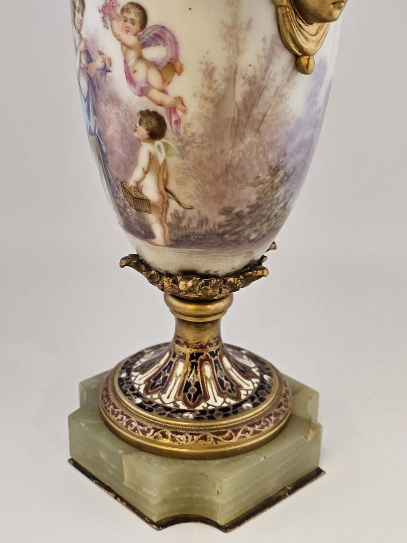 19th C. Bronze Mounted Figural French Hand Painted Sevres Baroque Urns, Signed - 7