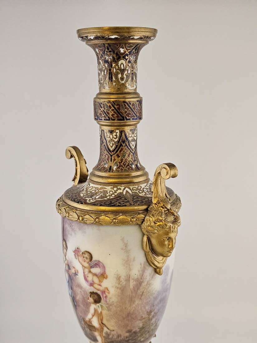 19th C. Bronze Mounted Figural French Hand Painted Sevres Baroque Urns, Signed - 8