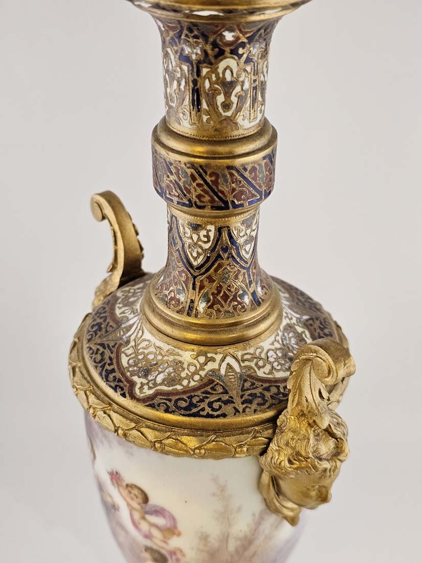 19th C. Bronze Mounted Figural French Hand Painted Sevres Baroque Urns, Signed - 9