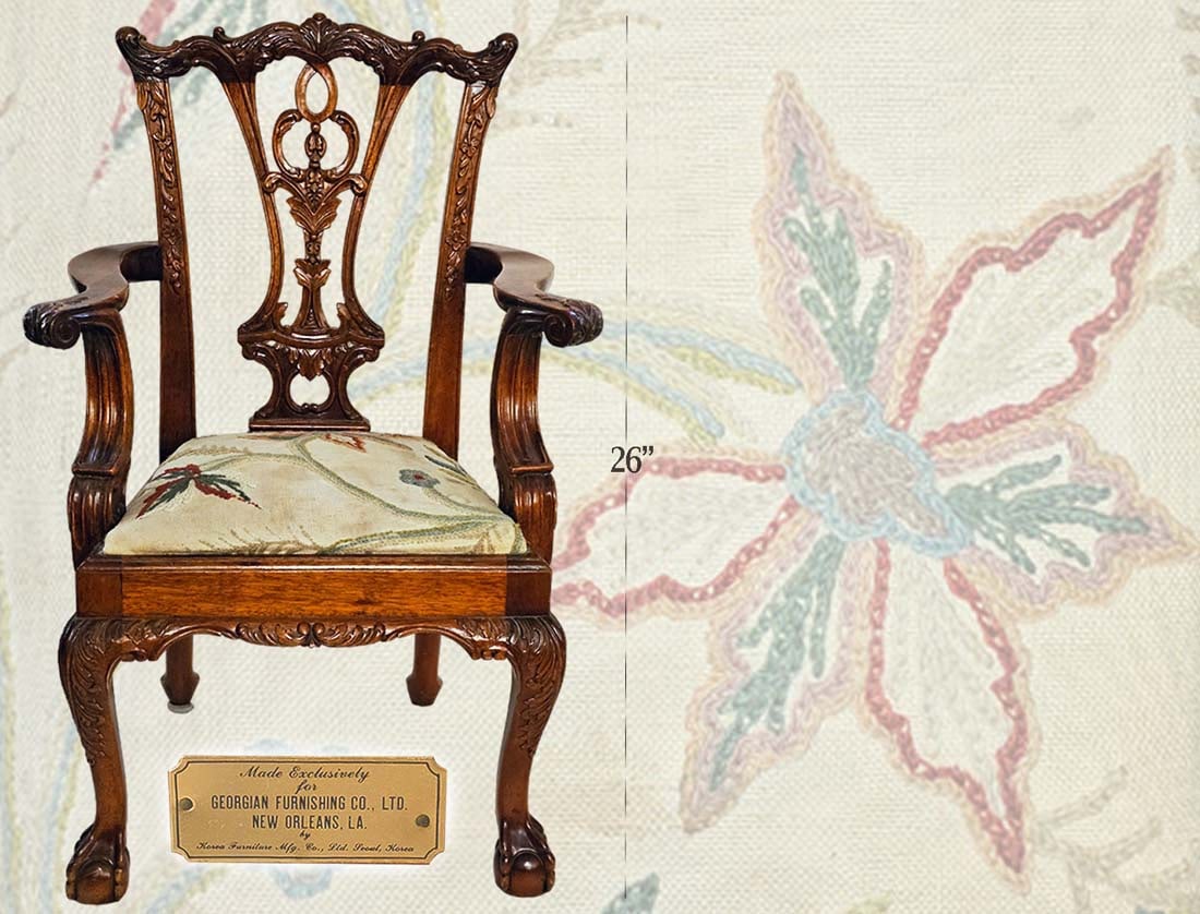 Exclusive Korean Furniture Chippendale Armchair Style: Exclusive Korean Furniture Chippendale Armchair Style. H 26" x W 15 1/2" x L 11 7/8"