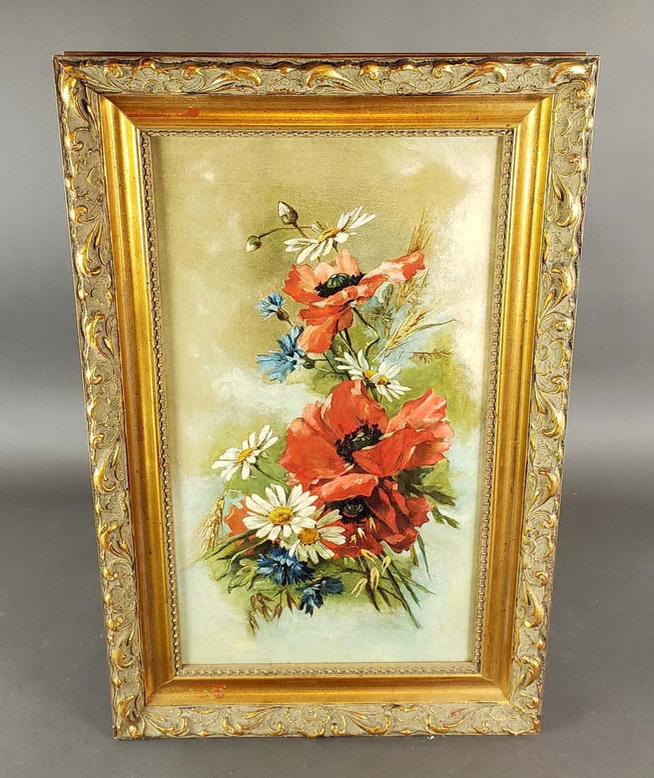 Large Oil on Board of Flowers: Large Oil on Board of Flowers . The frame measures 22" x 14" and the painting measures 17 1/2" x 9 5/8"