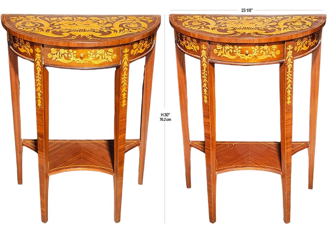 Pair Of Louis XVI Marquetry Consoles: Pair Of Louis XVI Marquetry Consoles. H 30" x W 12 1/8" x L 23 1/8"