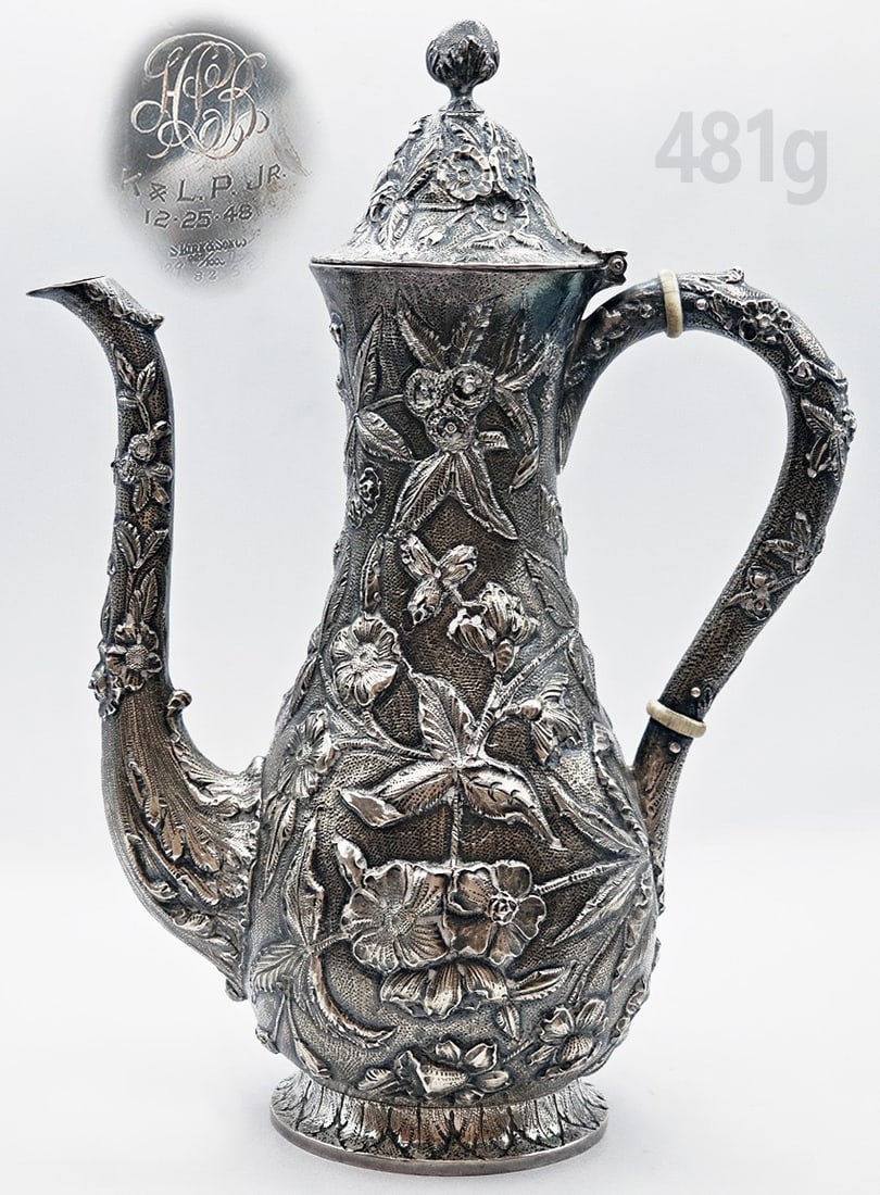 19th C. 82 Silver (481g) Samuel Kirk & Son Coffee Pot: 19th C. 82 Silver (481g) Samuel Kirk & Son Coffee Pot. H 9 1/2" x W 4" x L 7"