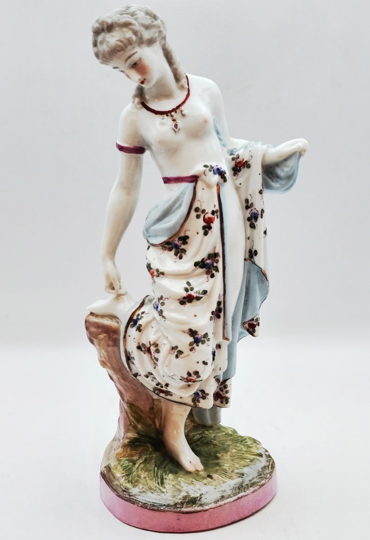 Meissen Style Hand Painted Porcelain Figurine: Vintage Meissen Style Hand Painted Porcelain Figurine. H 9" x 4" x 3 1/2"