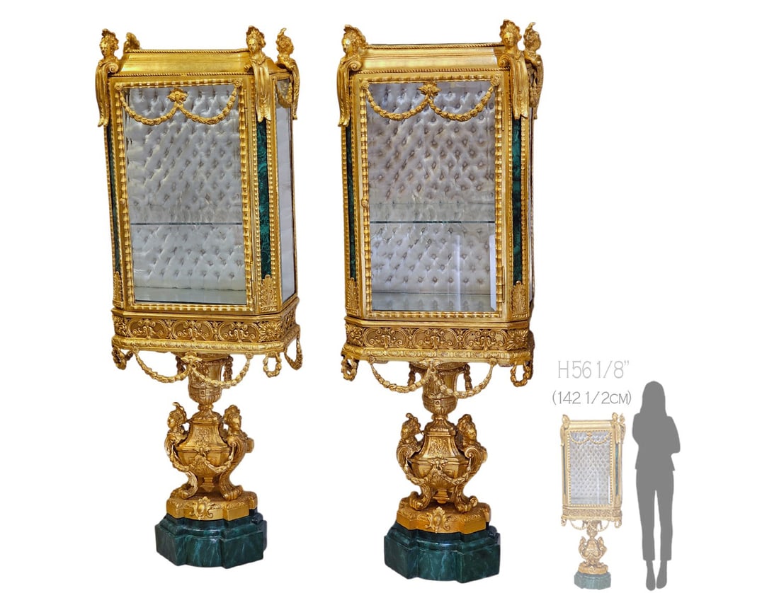 Pair Of 19th C. French Mounted Malachite Vitrines: Pair Of 19th C. French Mounted Malachite Vitrines. H 56 1/4" x W 11 1/2" x L 18 1/2"
