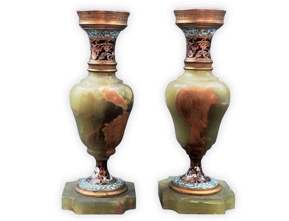 Pair Of 19th C. Onyx Champleve, French Enamel: Pair Of 19th C. Onyx Champleve, French Enamel. H 8" x W 3"