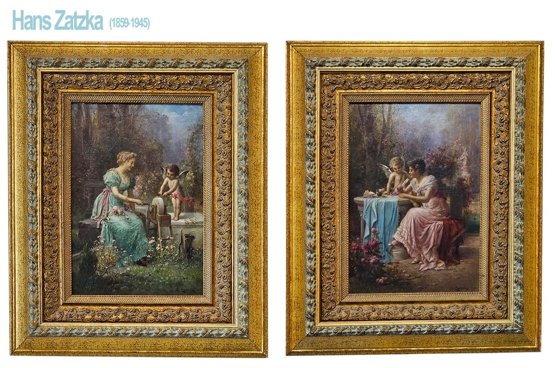 Pair Of 19th C. Oil On Canvas Signed By Hans Zatzka: Pair Of 19th C. Oil On Canvas Signed By Hans Zatzka. 32 1/2" x 26"