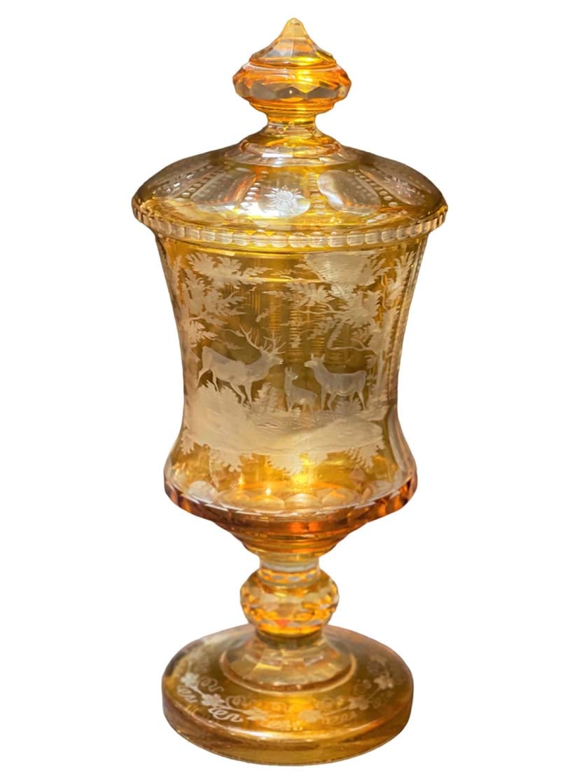 19th C. Yellow Bohemian Glass: 19th C. Yellow Bohemian Glass, Hand Carving Of Animals In The Forest Goblet With Top. H 18"