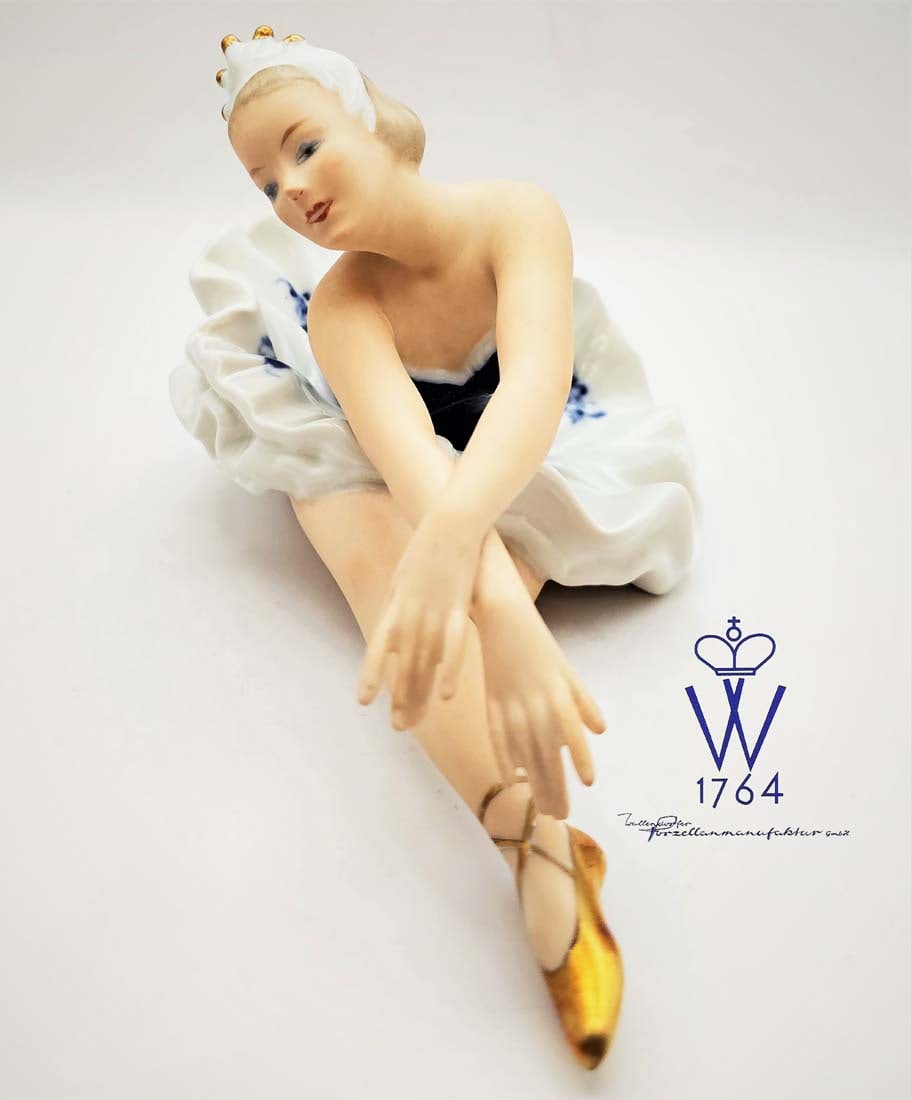 Seated Ballerina, A Vintage German Wallendorf Hand painted Cobalt Porcelain figurine: Seated Ballerina, A Vintage German Wallendorf Hand painted Cobalt Porcelain statue, Hallmarked. Circa 1960's. H 4.25" x W 4.5" x L 8"