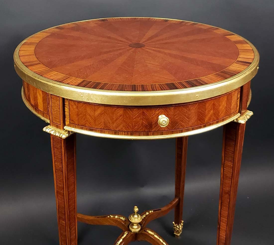 French Gilt Bronze Mounted Kingwood Rosewood & Parquetry Round Table Louis XVI Style, Circa 1890 - 2