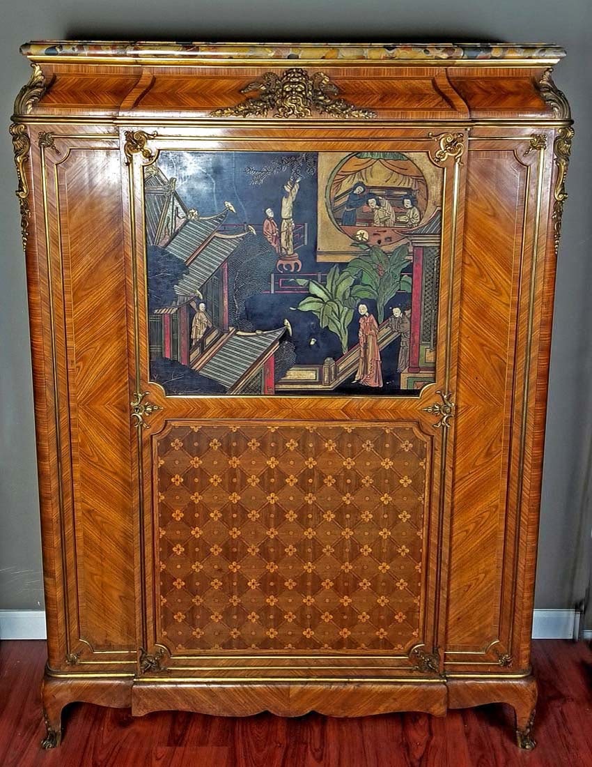 A 19th C. Chinoiserie Signed Cabinet w/ Bronze mounts: A 19th C. Chinoiserie Signed Cabinet w/ Bronze mounts. Measures 65" x 46" x 16 1/2"