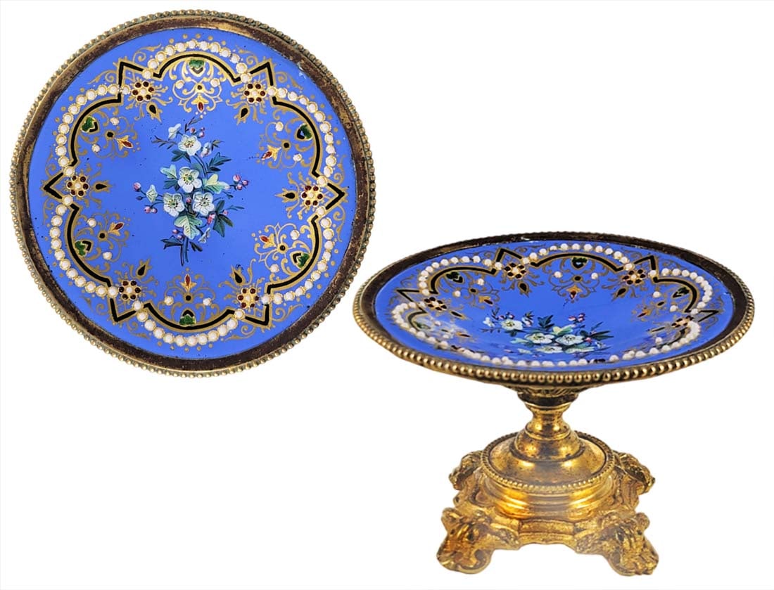 19th C. French Jeweled Enamel Miniature Centerpiece: 19th C. French Jeweled Enamel Miniature Centerpiece. H 2 1/4" x D 3 9/16"