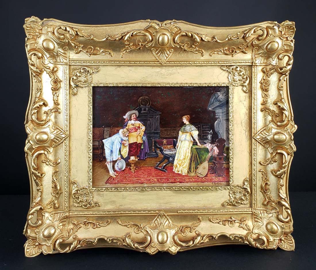 G. Bertram Signed "La Presentation" Continental: G. Bertram Signed "La Presentation" Continental Porcelain Plaque, Circa 1890. The frame measures 16" x 19" and the plaque measures 7 1/8" x 9 1/8"