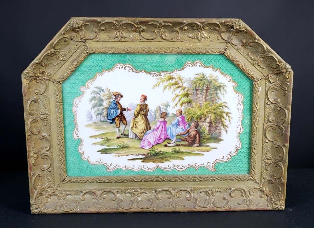 19th C. KPM Plaque Galante Scene, Circa 1890: 19th C. KPM Plaque Galante Scene, Circa 1890. The frame measures 15" x 20" and the plaque measures 10" x 15"