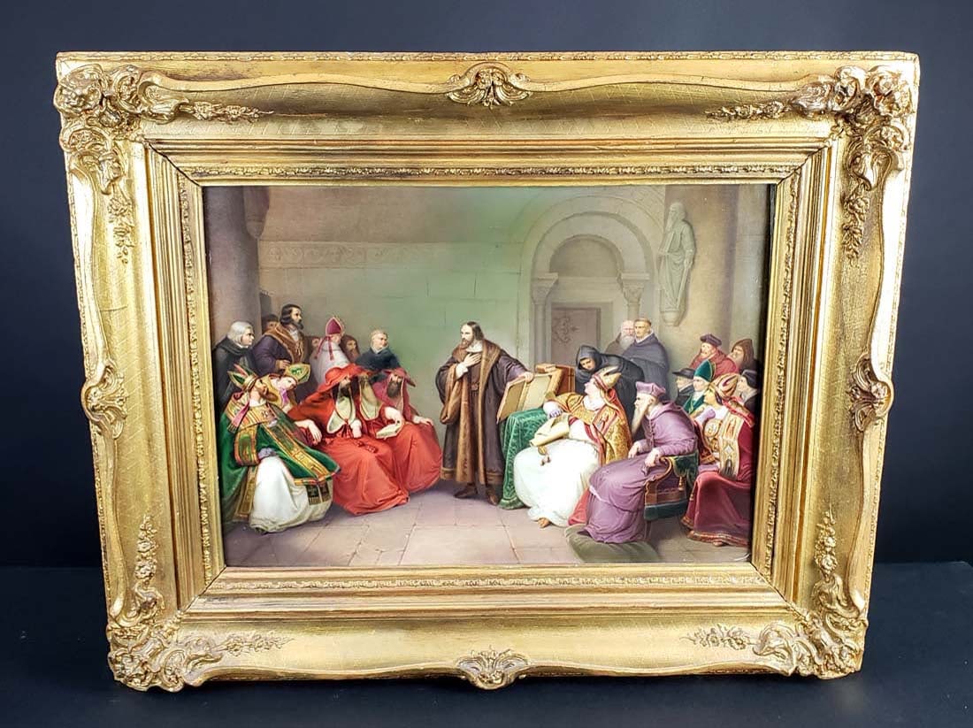 19th C. Vienna Plaque Depicting Johannes Hus at the: 19th C. Vienna Plaque Depicting Johannes Hus at the Council of Constance. The frame measures 26 1/2" x 21 1/2" and the plaque measures 19" x 13"