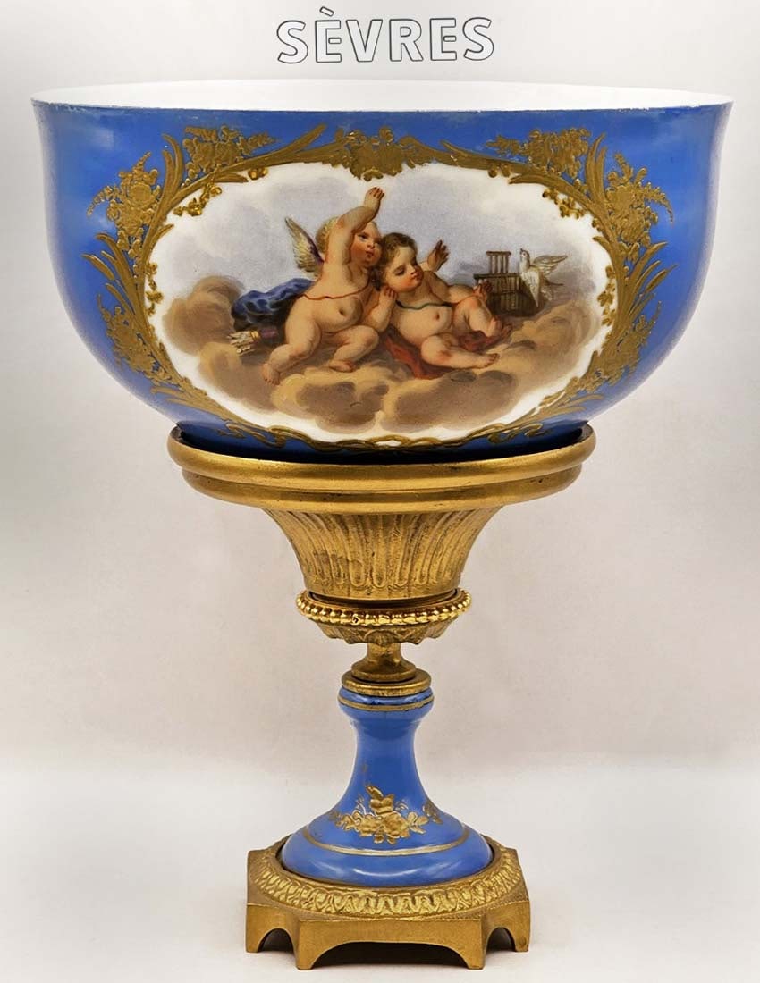 19th C. French Sevres Porcelain Gilt Bronze Centerpiece Bowl: 19th C. French Sevres Porcelain Gilt Bronze Centerpiece Bowl. H 9 1/16" x W 7 1/2"