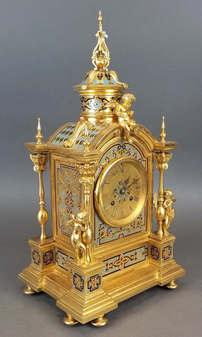 19th C. French Champleve Enamel Figural Clockset - 2
