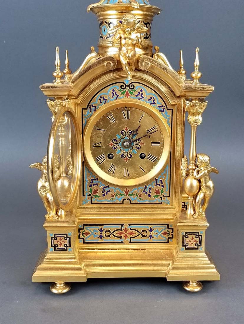 19th C. French Champleve Enamel Figural Clockset - 4