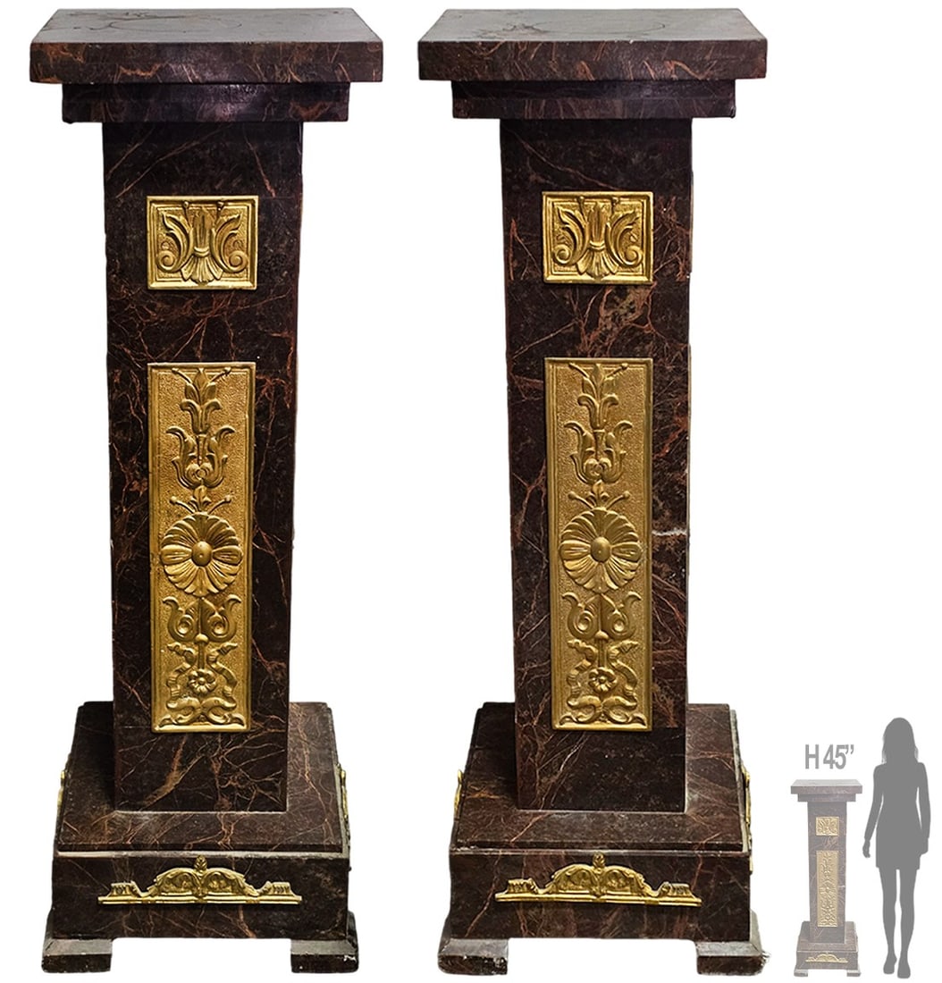 Pair Of French Style Marble Bronze Mounted Pedestals: Pair Of French Style Marble Bronze Mounted Pedestals. H 45" x W 16"