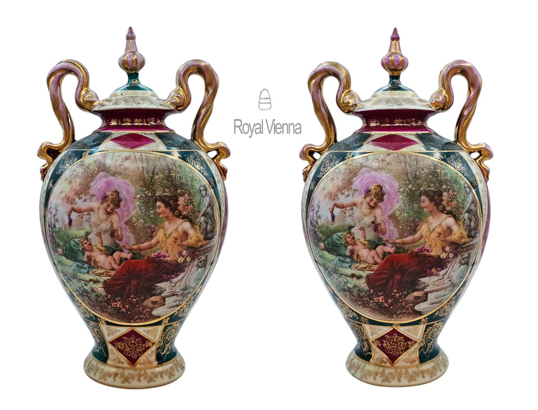 Pair Of Royal Vienna Porcelain Vases With Lids: Pair Of Royal Vienna Porcelain Vases With Lid. H 12"