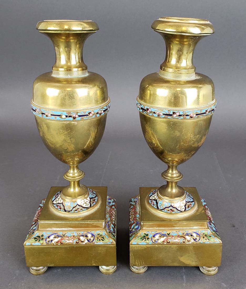 Pair of French Champleve Enamel & Bronze Vases: Pair of French Champleve Enamel & Bronze Vases. They measure H: 9 3/4" W: 3 1/2"