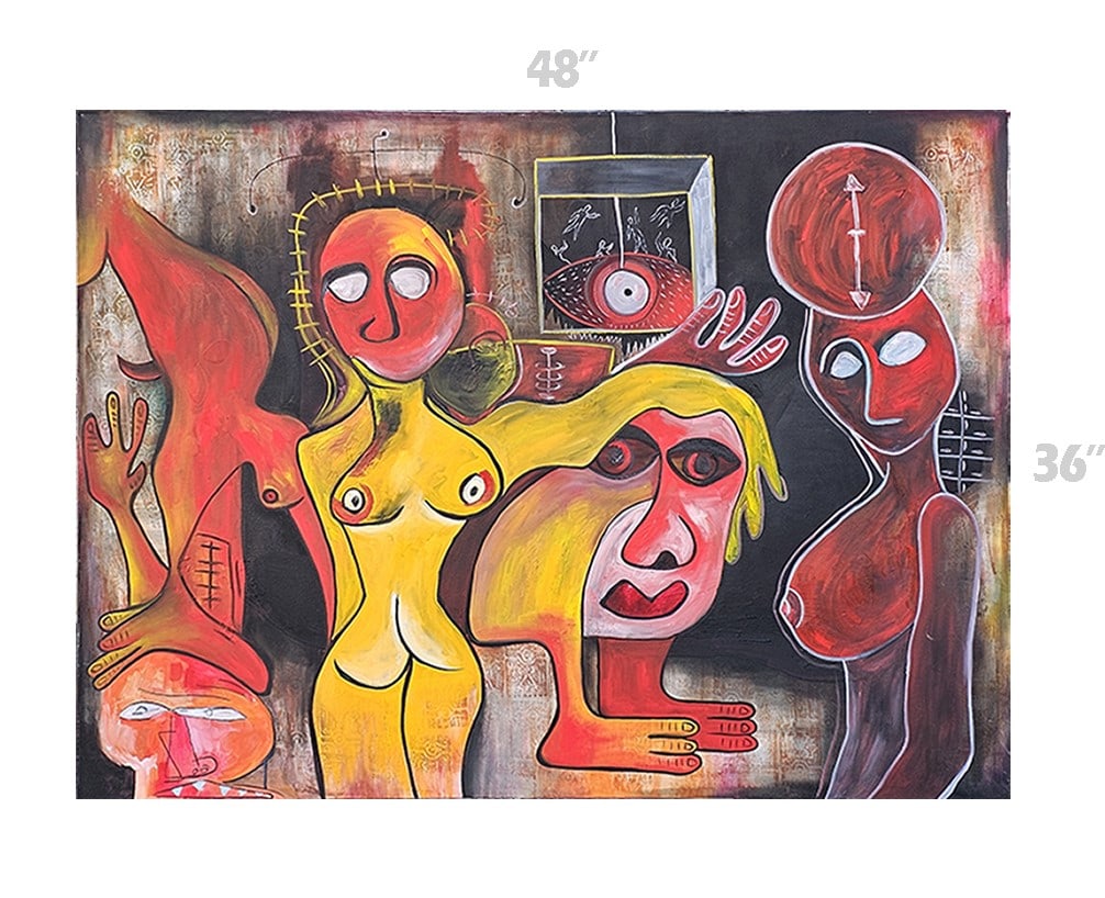 Taboo, Mixed Media, Relief Print & Oil On Canvas: Taboo, Mixed Media, Relief Print & Oil On Canvas. 36" x 48" Signed by Ellie Shafiei (Iranian- American. b 1987). MFA Candidate, New York Academy of Art, Class of 2026. Ellie Shafiei is a multimedia