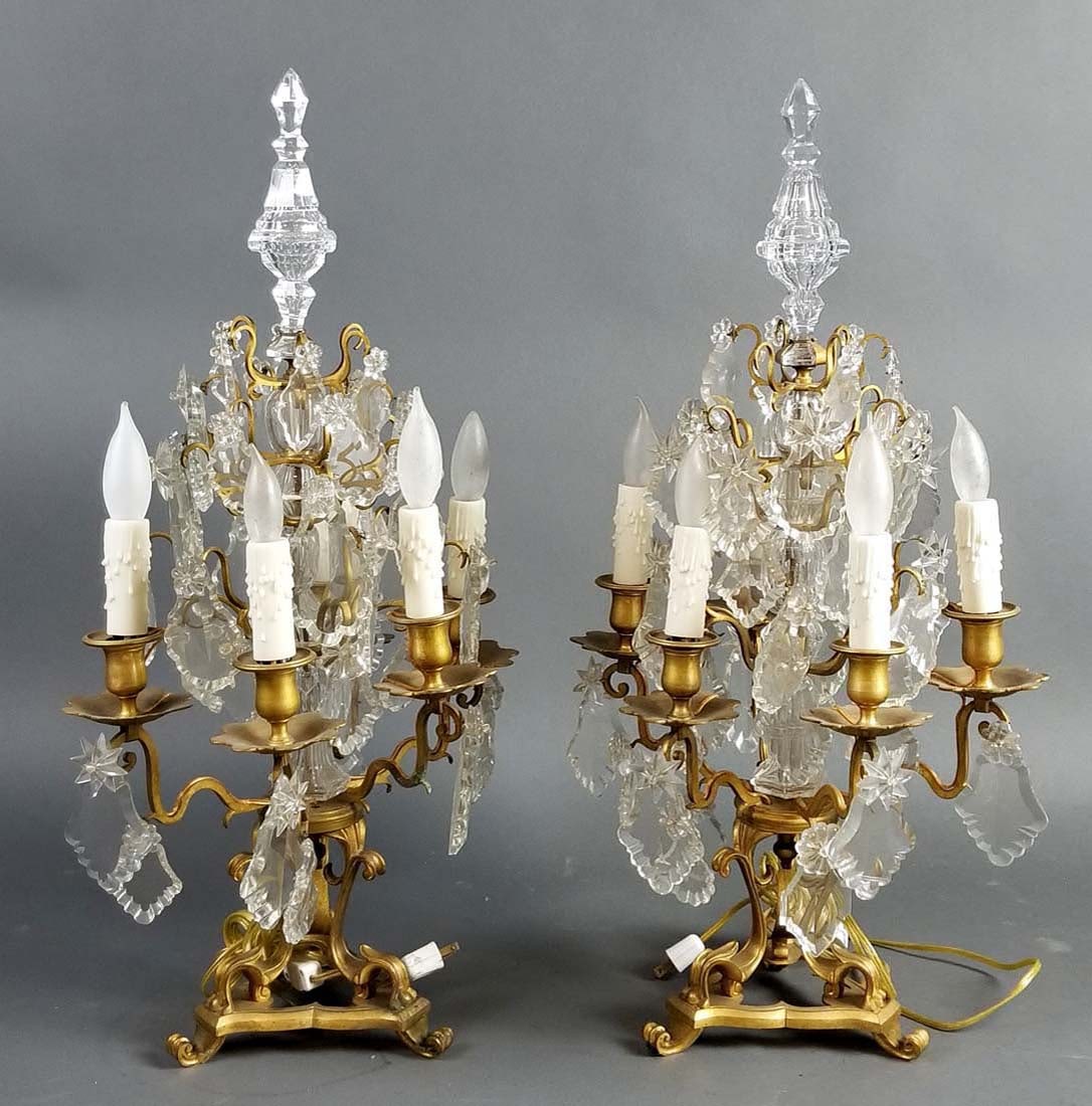 Pair of 19th C. Bronze and Crystal Candelabra Lamps: Pair of 19th C. Bronze and Crystal Candelabra Lamps. They measure H: 28" W: 15"