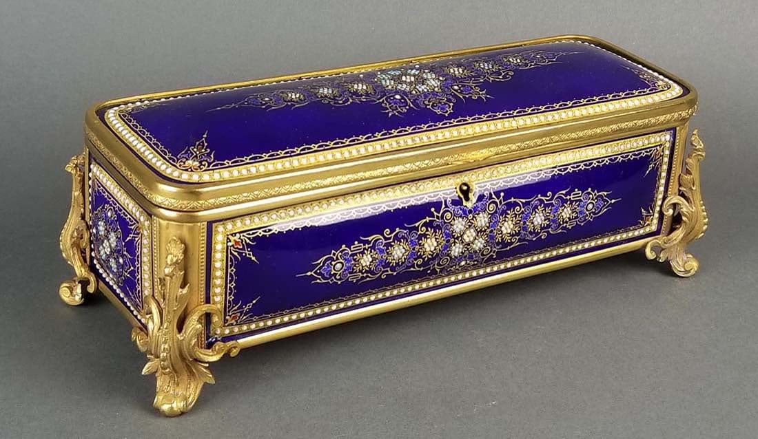 Large French Jewelled Enamel and Bronze Jewelry Box,: Large French Jewelled Enamel and Bronze Jewelry Box, 19th C. Measures H: 3 3/4" W: 10 1/2"