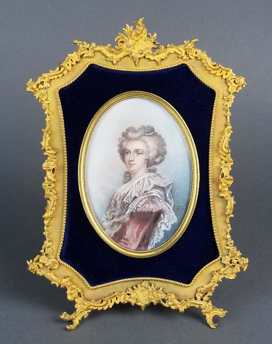 Fine 19th C. Bronze Frame with Handpainted Insert: Fine 19th C. Bronze Frame with Handpainted Insert. The frame measures 7 3/4" x 5 1/2" and the insert measures 3 3/4" x 2 3/4"
