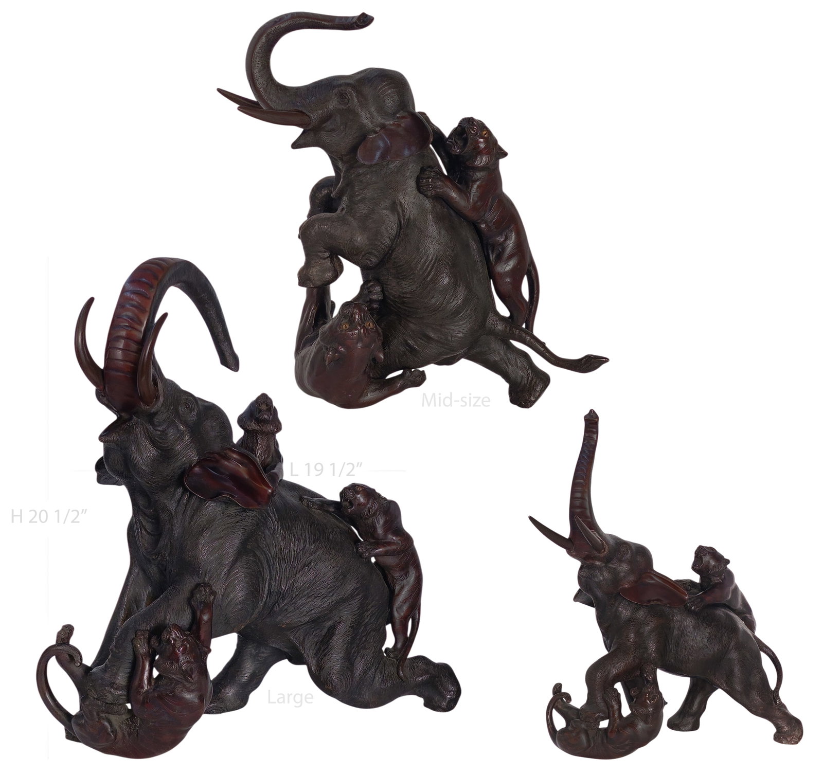 Japanese Meiji Bronze Trio Elephant Fighting Tigers Group sculpture By Mitsumoto: Japanese Meiji Bronze Trio Elephant Fighting Tigers Group sculpture. Large Elephant: H 20 1/2" x W 11 1/2" x L 19 1/2" \ Mid-Size: H 15 1/4" x W 12" x L 16 1/2" \ Small: H 15 1/2" x W 7" x L 13 1/2"