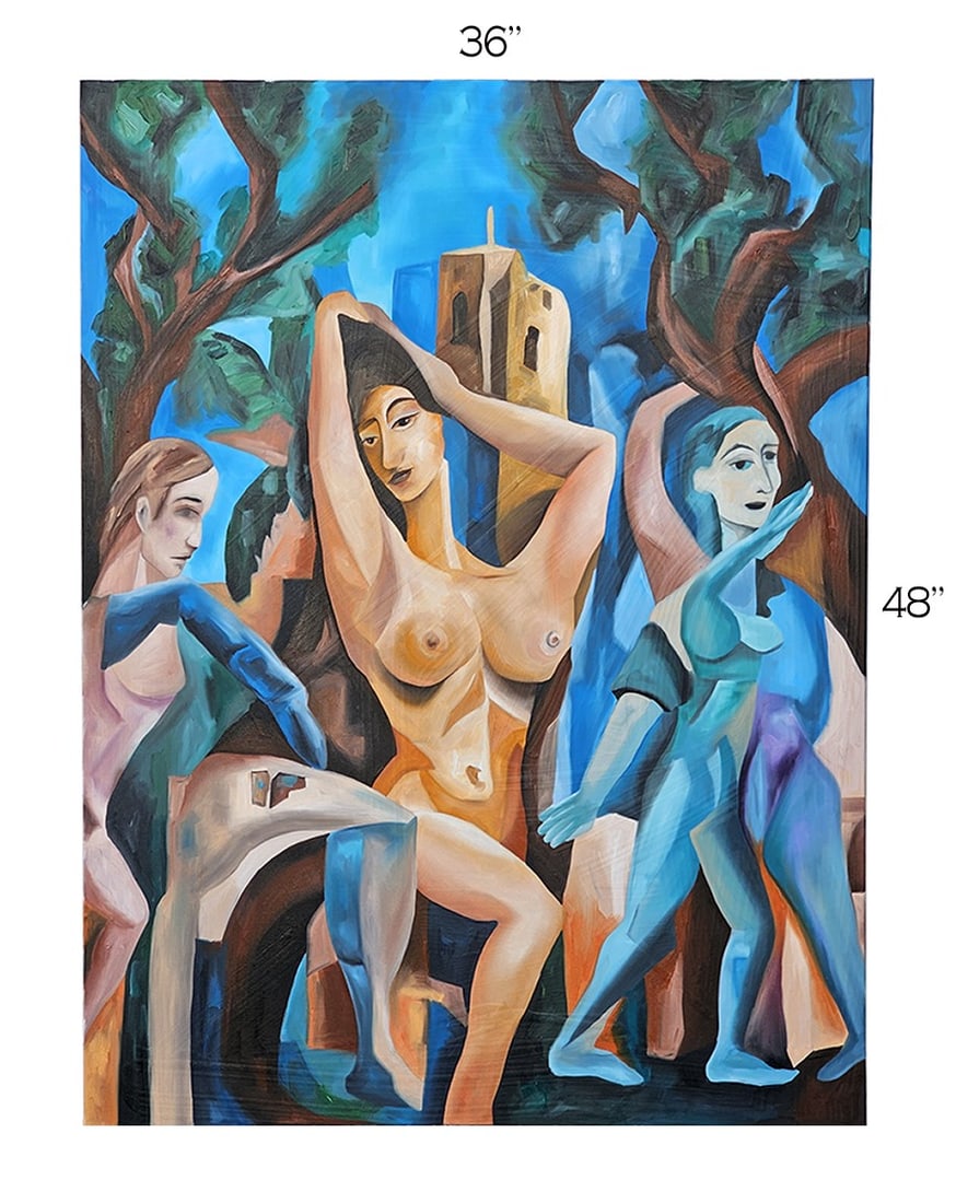 'The Three Graces' Oil On Canvas Painting: 'The Three Graces' Oil On Canvas Painting. 36" x 48" Ellie Shafiei (Iranian- American. b 1987). MFA Candidate, New York Academy of Art, Class of 2026. Ellie Shafiei is a multimedia artist, oil