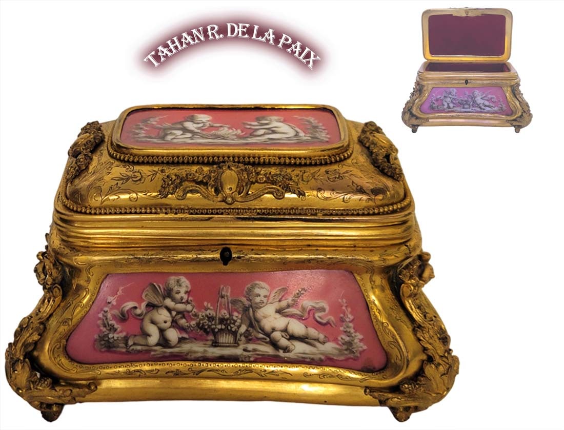 19th C. Pink Sevres Bronze Signed By, Tahan R. De La Paix Jewelry Casket: 19th C. Pink Sevres Bronze Signed By, Tahan R. De La Paix Jewelry Casket. H 4 1/2" x W 5 1/2" x L 7 1/2"
