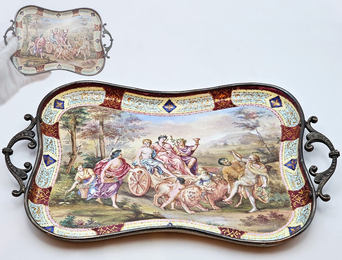 19th C. Viennese Enamel Tray On Silver: 19th C. Viennese Enamel Tray On Silver. H 7/8" x W 5 1/2" x L 9"