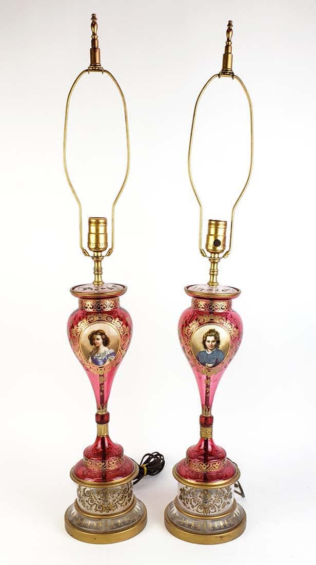Pair of Bohemian Cranberry Glass Lamps: Pair of Bohemian Cranberry Glass Lamps. They measure H: 22" (without shade mount) W: 6"