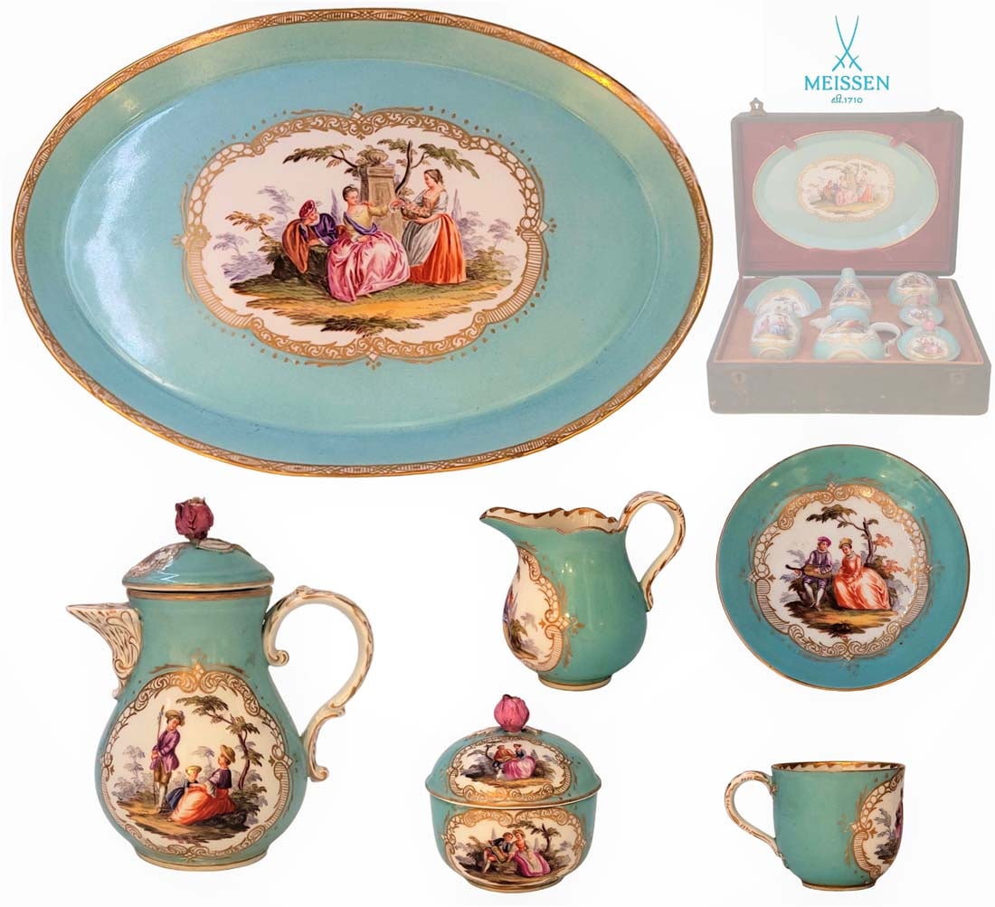 Set Of Six 19th C. Meissen Porcelain Tea Set With Original Box: Set Of Six 19th C. Meissen Porcelain Tea Set With Original Box. Tray: W 8 1/2" x L 12" \ Tea pot: H 6 1/2' x W 4" x L 5" \ Creamer: H 4 x W 3 x L 3 1/2" \ Sugar bowl: H 4" x W 3" \ Cup: H 2 1/2" x W