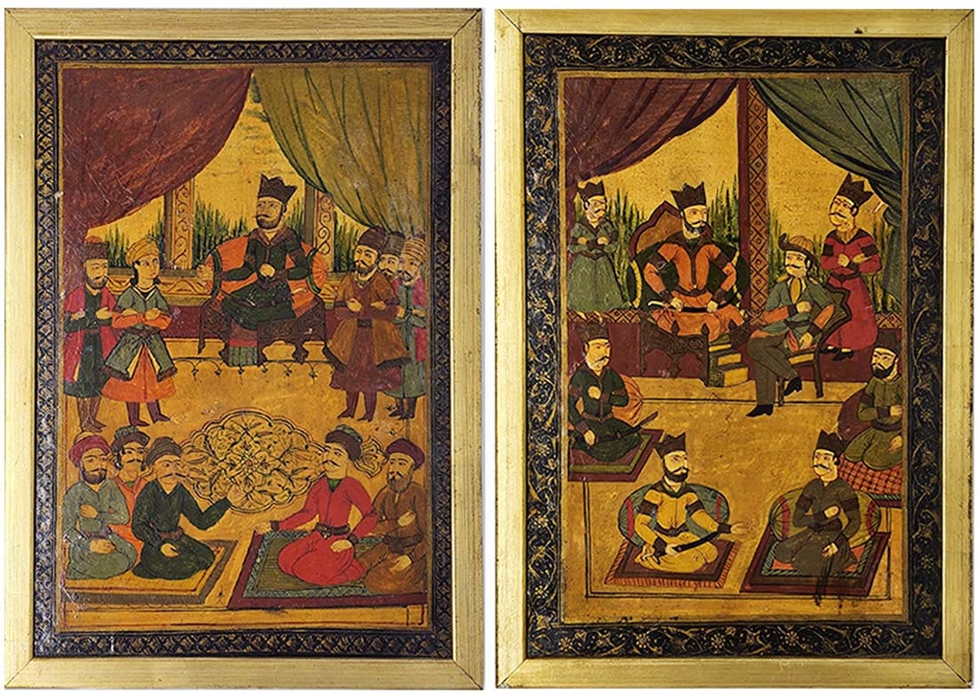 Pair Of 19th C. Hand Painted Persian Qajar Lacquere Oil On Board Painting: Pair Of 19th C. Hand Painted Persian Qajar Lacquere Oil On Board Painting. 13 7/8" x 9 7/8"