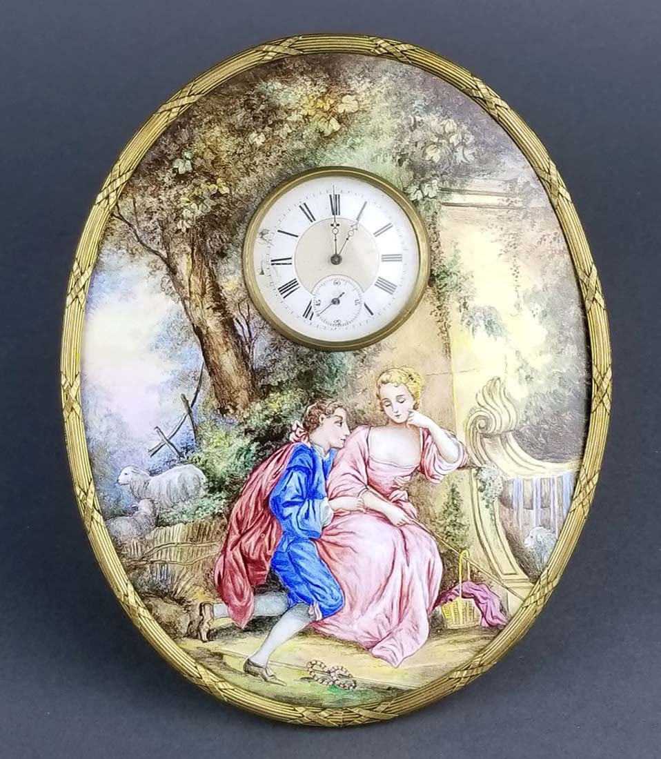 Large Austrian Viennese Enamel Table Clock, 19th C.: Large Austrian Viennese Enamel Table Clock, 19th C.. Measures H: 6 3/4" W: 5 1/4"