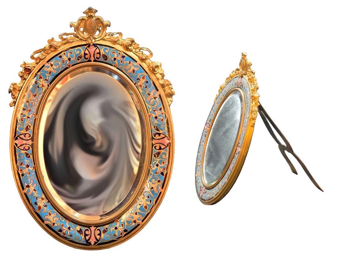 19th C. French Champleve Enamel Bronze Mirror: 19th C. French Champleve Enamel Bronze Mirror. H 9" x W 6"