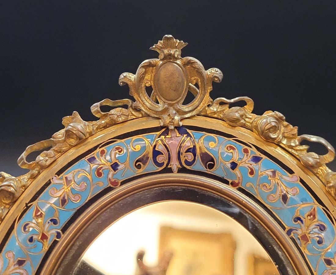 19th C. French Champleve Enamel Bronze Mirror - 2