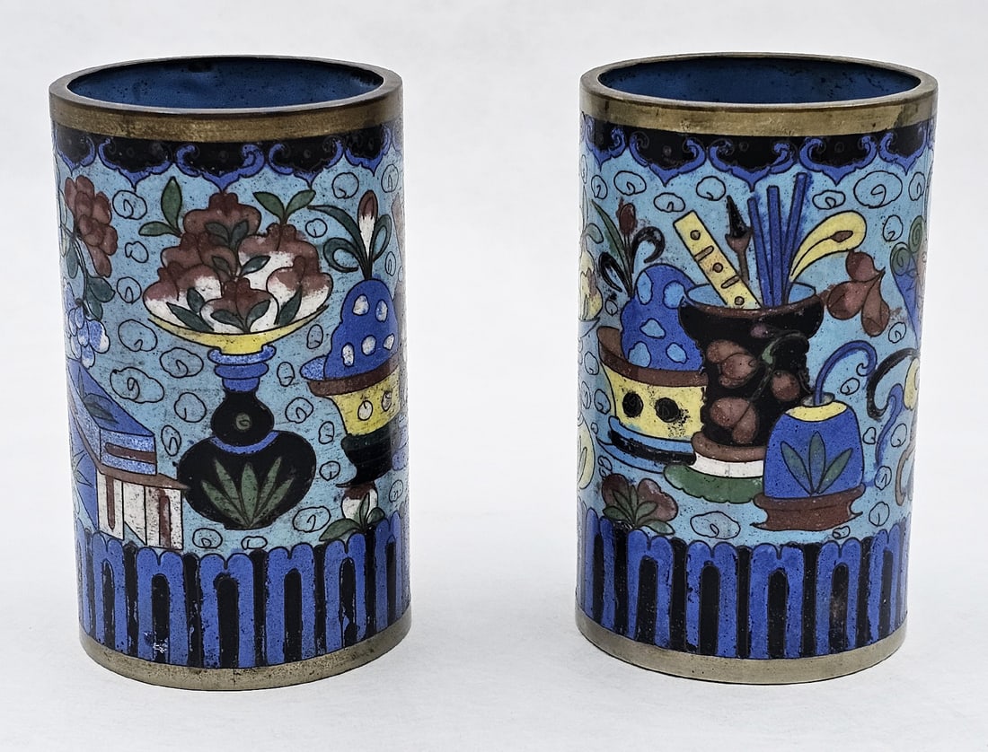 Pair Of 19th C. Unique Pattern Chinese Bronze Cloisonne Brush Pot \ Vase: Pair Of 19th C. Unique Pattern Chinese Bronze Cloisonne Brush Pot \ Vase. H 5" x W 3"