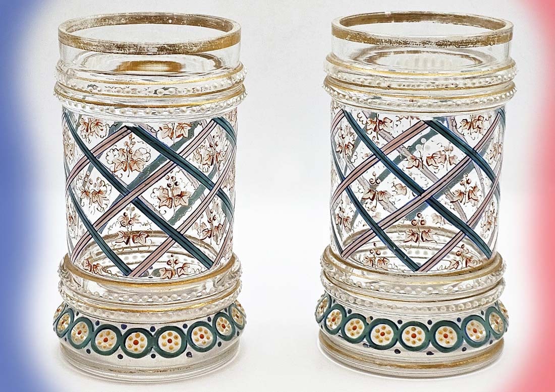 Pair Of 19th C. French Enamel Glass Cups: Pair Of 19th C. French Enamel Glass Cups. H 5" x W 3"