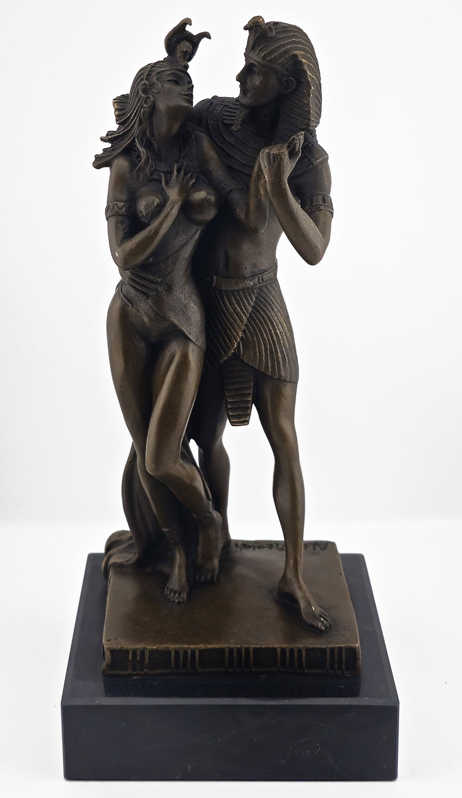 Bronze Egyptian Lover Couple Figurine Group Statue With Black Marble Base: Bronze Egyptian Lover Couple Figurine Group Statue With Black Marble Base. H 10 1/2" x W 4 7/8"