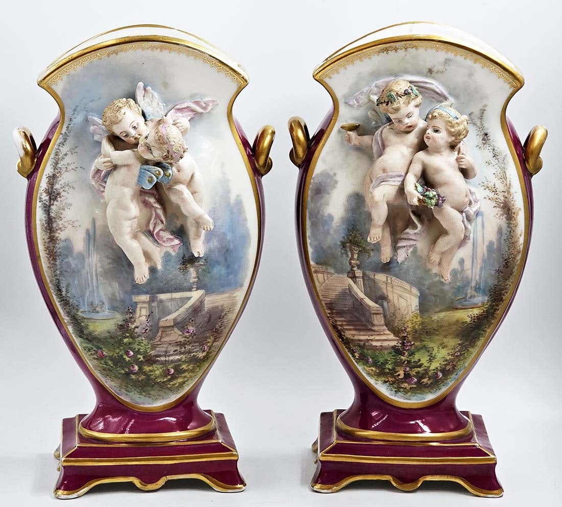 19th C. Figural Vienna Style Vases: 19th C. Figural Vienna Style Vases. H 15" x W 6" x L 9"