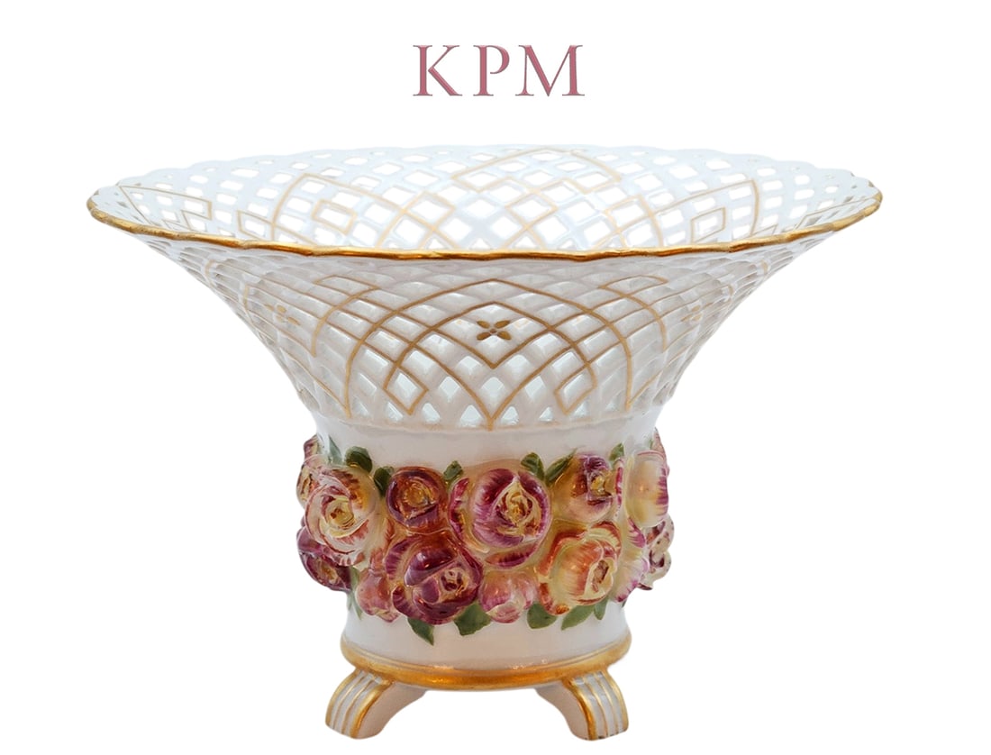 19th C. KPM Floral Porcelain Basket Pedestal Bowl: 19th C. KPM Floral Porcelain Basket Pedestal Bowl. H 3 7/8" x W 5 1/2"