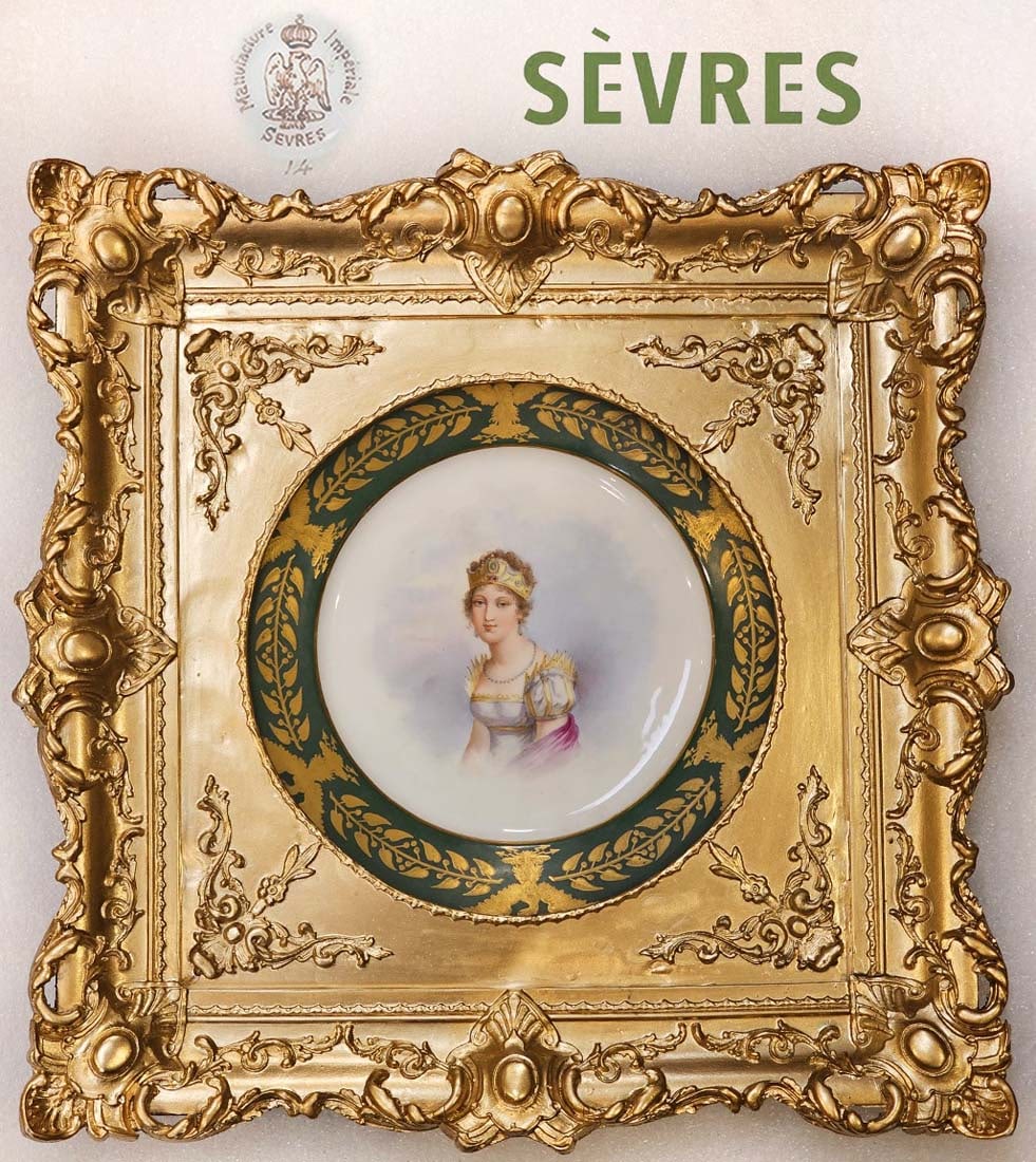 19th C. Royal Vienna Wall Decorative Plate: 19th C. French Hand Painted Sevres Porcelain Decorative Plate. Frame: 17" x 17" \ Plate: D 9"