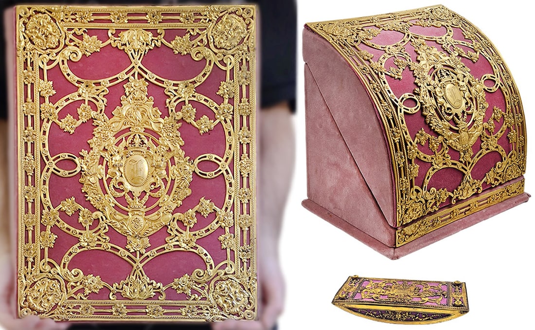 Gilt Bronze Ormolu Mounted Pink Velvet (3Pieces) Desk Accessories: Gilt Bronze Ormolu Mounted Pink Velvet (3Pieces) Desk Accessories. Letter box: H 12 7/8" x W 9 1/2" x L 13" \ Ink blotter: H 1 1/2" x W 3" x L 7" \ Folio: H 1 1/2" x W 12 1/2" x L 16 1/2"