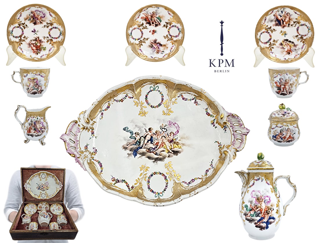 Set Of Nine Pieces 18TH C. Hand Painted KPM Porcelain Tea Set With Original Box (1 of 20)