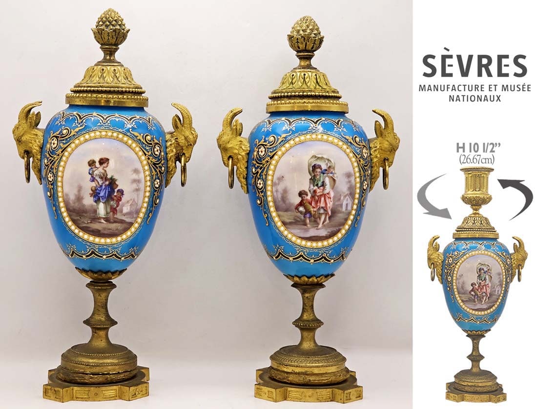 Pair Of 19th C. French Sevres Figural Bronze Mounted Vases \ Urns: Pair Of 19th C. French Sevres Figural Bronze Mounted Vases \ Urns. H 10" x W 3 1/4" x 5" \ Lid flipped (Urns): H 10 1/2"